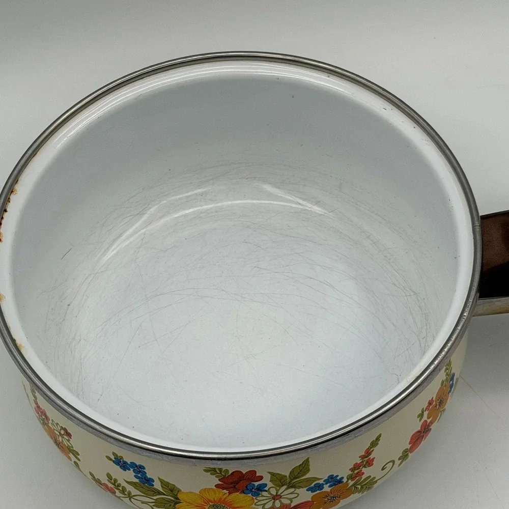 Vintage SPM Sweet‎ Flowers Enamel Saucepan Floral Pan Wood Handle Spain